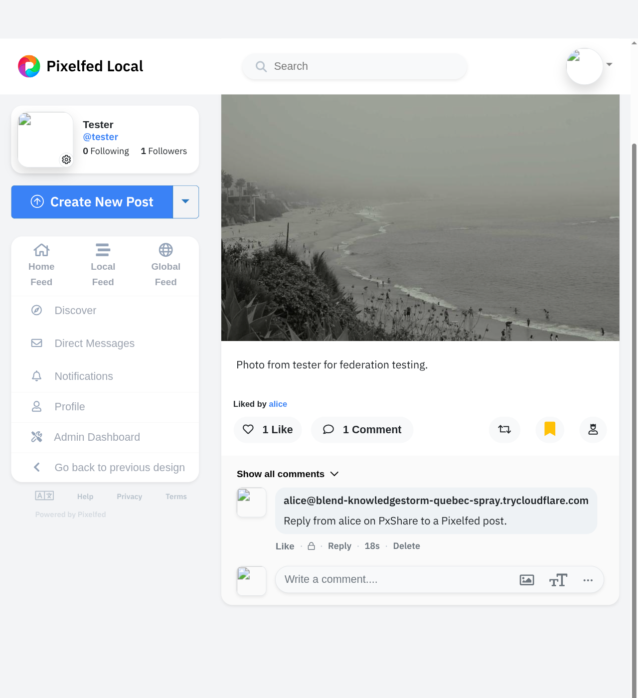 Pixelfed's post detail page showing tester's beach photo, a
“1 Comment” counter, and beneath it alice's reply
“aliceyour-tunnel.example—Reply from alice
on PxShare to a Pixelfed
post.”